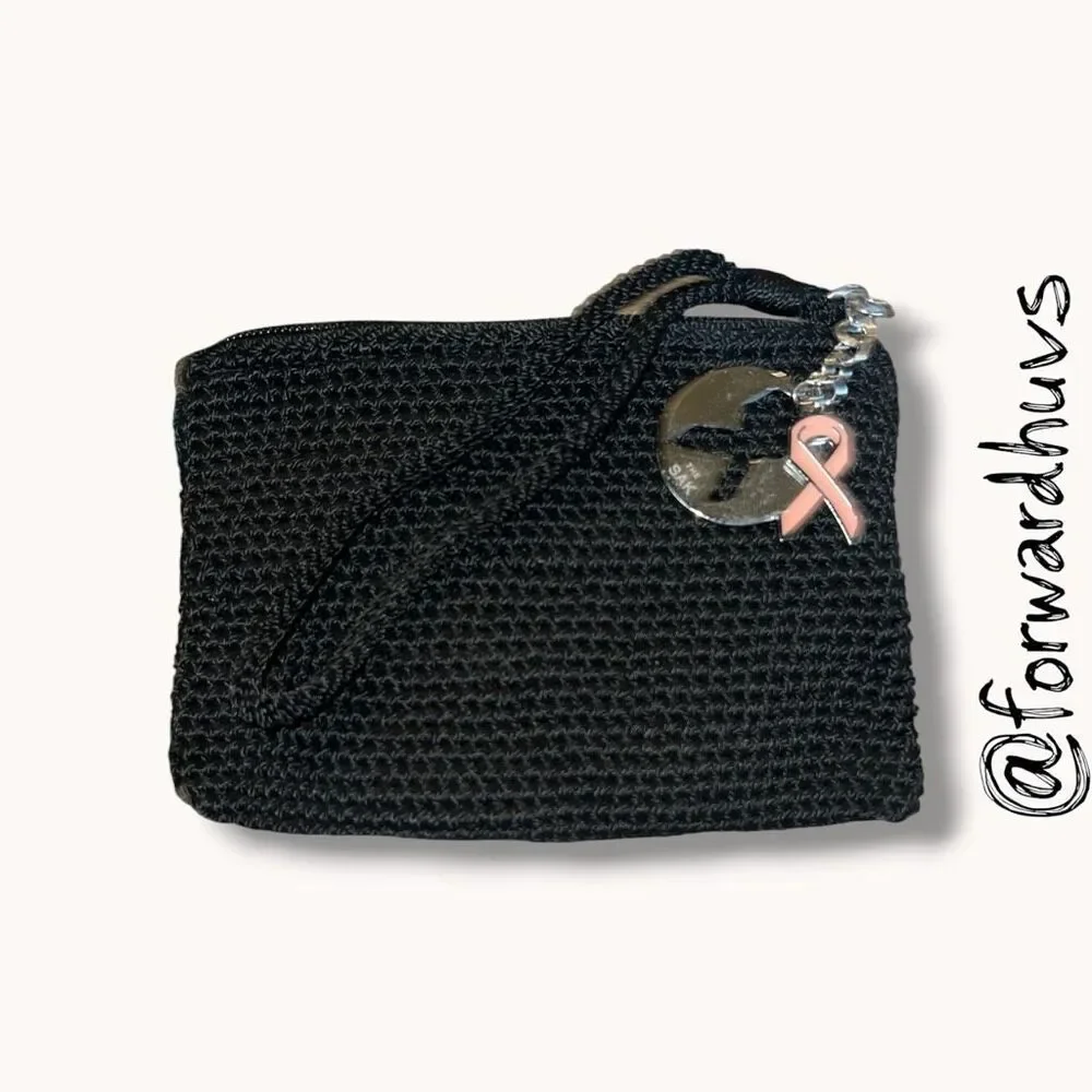 The Sak Black Crochet Wristlet Coin Purse Pink Ribbon Charm